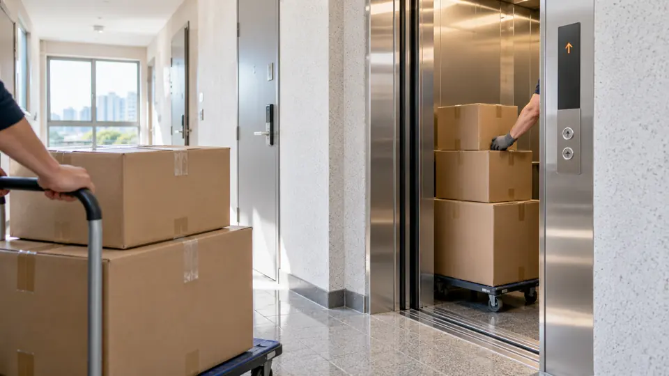 엘리베이터로 상자를 내리는 모습 (그림) · 용이동 유품정리